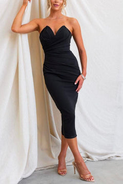 8 Colors Strapless Tube Top Ruched Back Slit Midi Party Dress