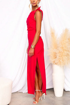 Bow Shoulder Waisted Slit Maxi Dress