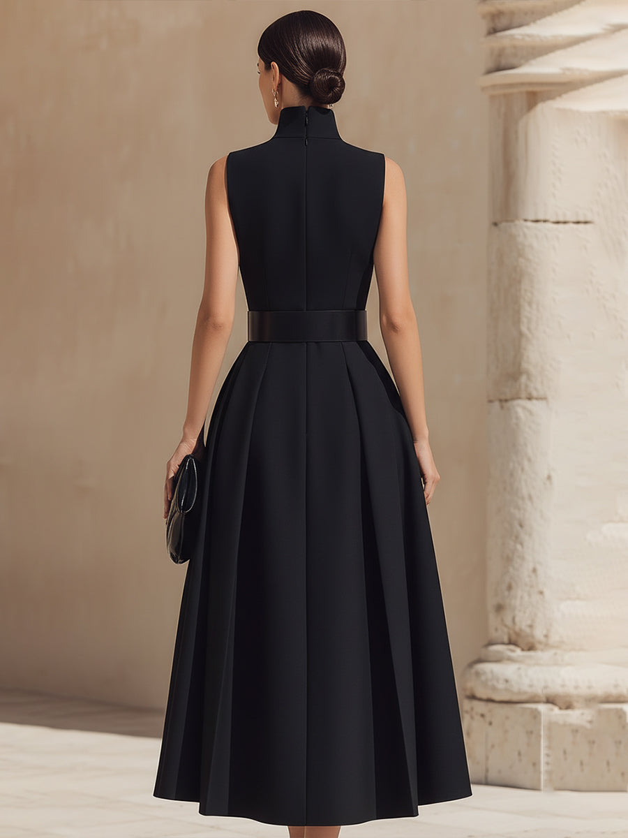Belted High-Neck Pleated Maxi Dress