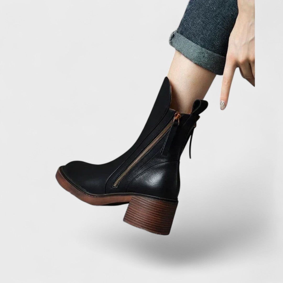 Classic Leather Ankle Boots with Side Zipper and Block Heel