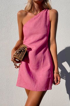One Shoulder Solid Cotton Linen Mini Dress