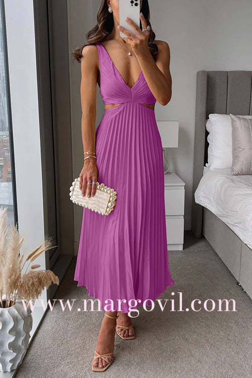 7 Colors Chicest V Neck Cut Out Waist Sleeveless Pleated Maxi Dress