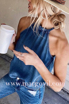 Margovil Casual Halter Sleeveless Denim Top