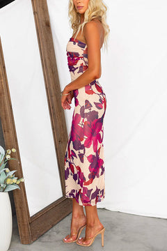 Strapless Ruched Floral Print Bodycon Midi Dress