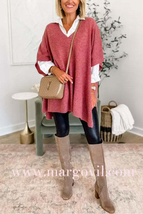 Chicest V Neck Loose Fit Solid Poncho Sweater