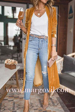 Stylish Open Front Long Sleeve Velvet Long Coat