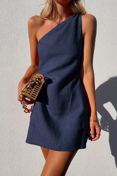 One Shoulder Solid Cotton Linen Mini Dress