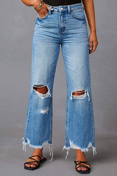 Margovil Raw Hem Ripped Flare Bottoms Denim Pants