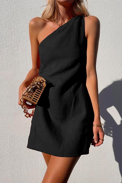 One Shoulder Solid Cotton Linen Mini Dress