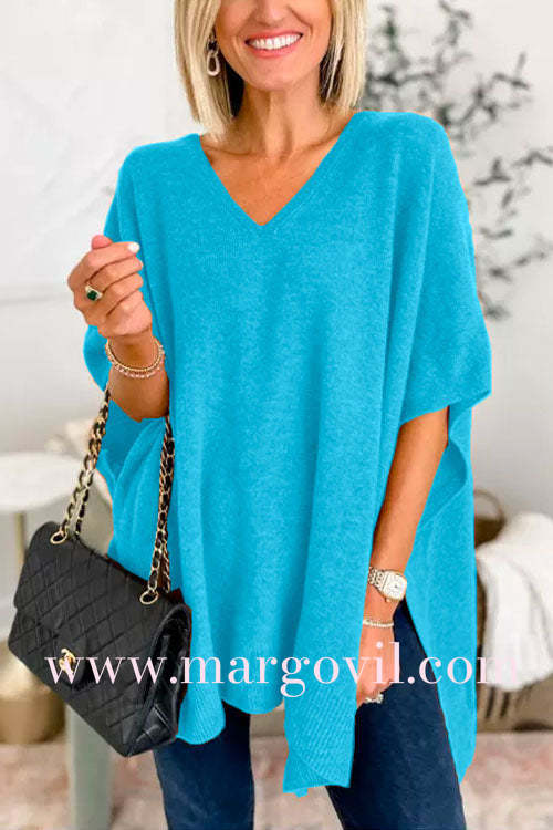 Chicest V Neck Loose Fit Solid Poncho Sweater