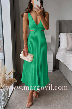7 Colors Chicest V Neck Cut Out Waist Sleeveless Pleated Maxi Dress
