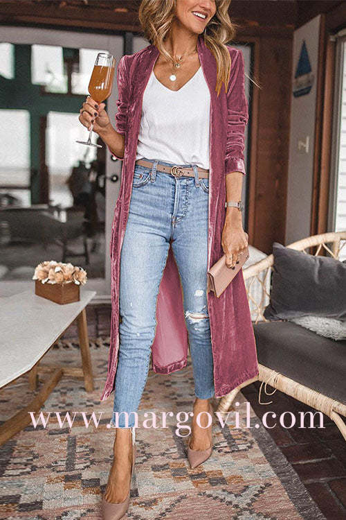 Stylish Open Front Long Sleeve Velvet Long Coat