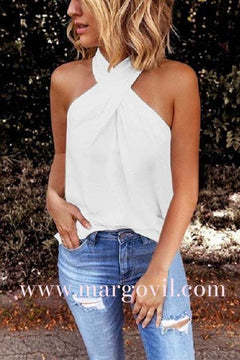 Criss Cross Halter Solid Sleeveless Top
