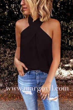 Criss Cross Halter Solid Sleeveless Top
