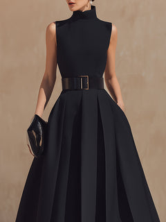 Belted High-Neck Pleated Maxi Dress