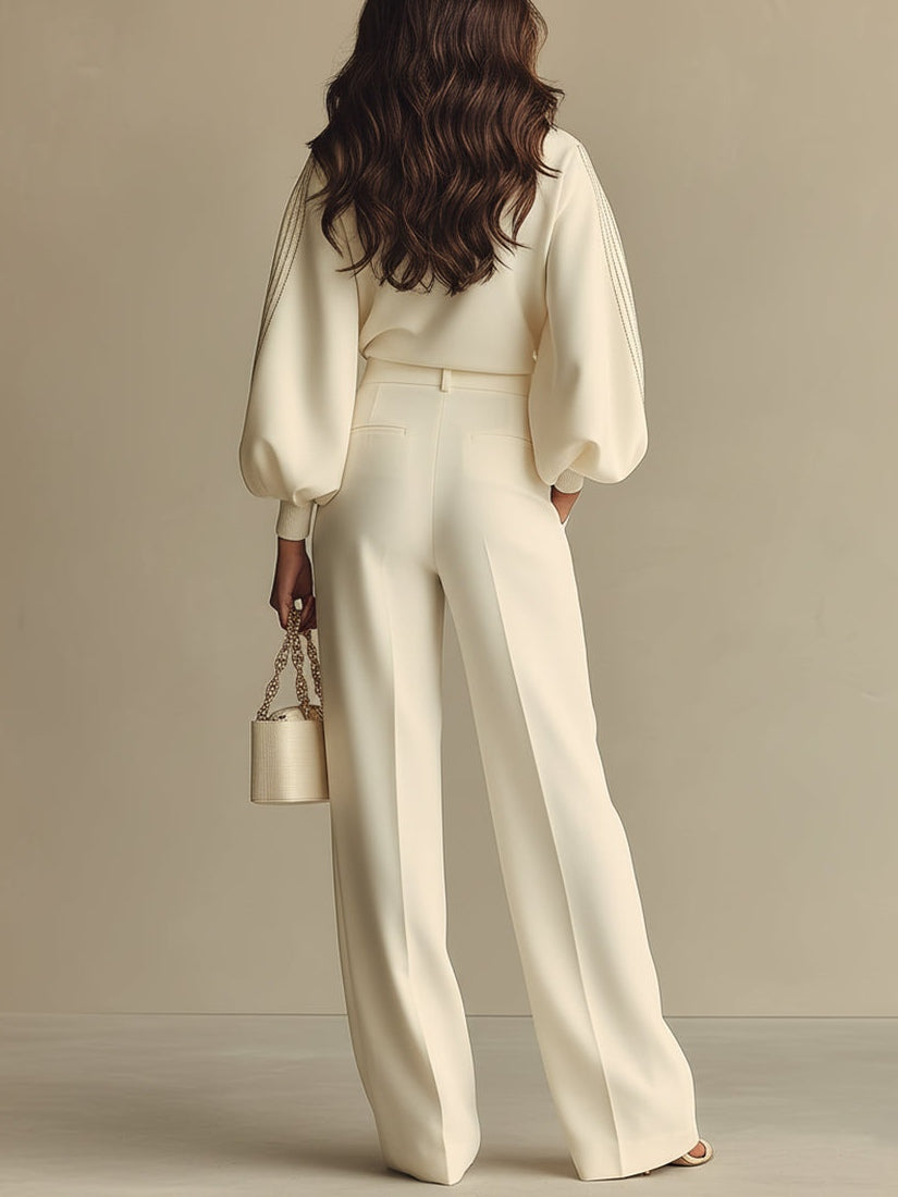 Ivory Ribbed Crew Neck Top And High-waisted Wide-leg Pants Suit