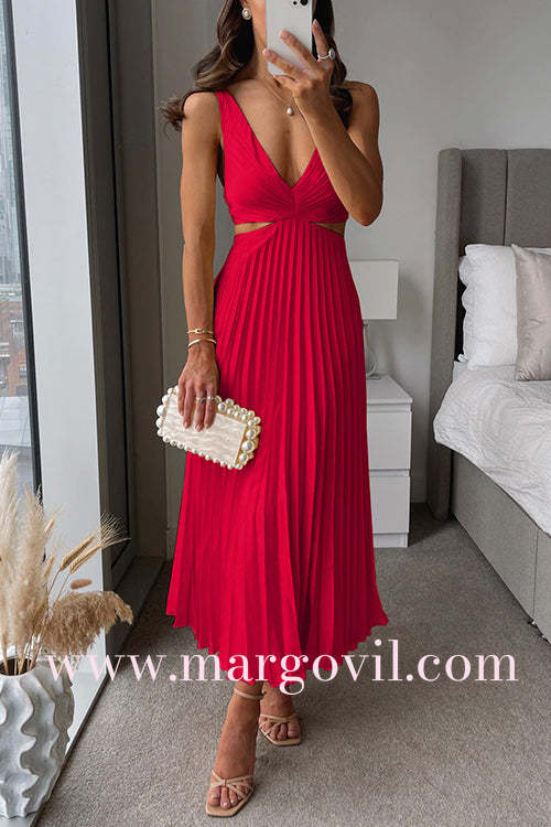 7 Colors Chicest V Neck Cut Out Waist Sleeveless Pleated Maxi Dress