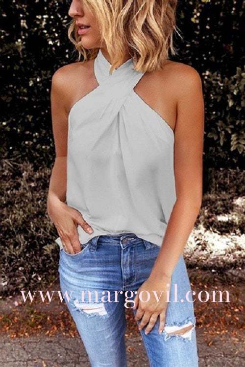 Criss Cross Halter Solid Sleeveless Top