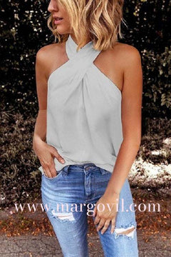 Criss Cross Halter Solid Sleeveless Top