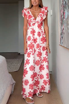 Ruffle V Neck Tie Back Floral Print Maxi Dress