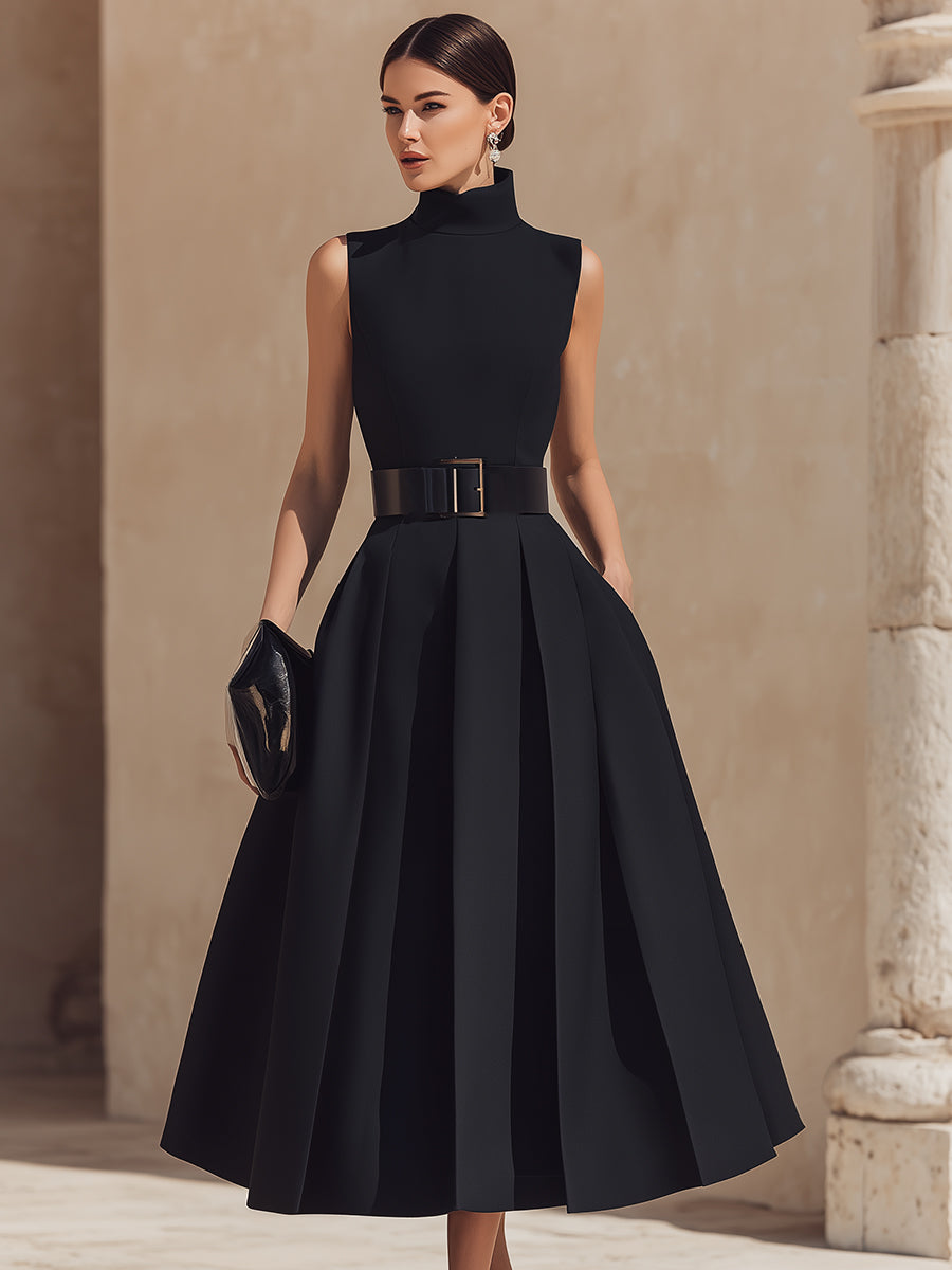 Belted High-Neck Pleated Maxi Dress