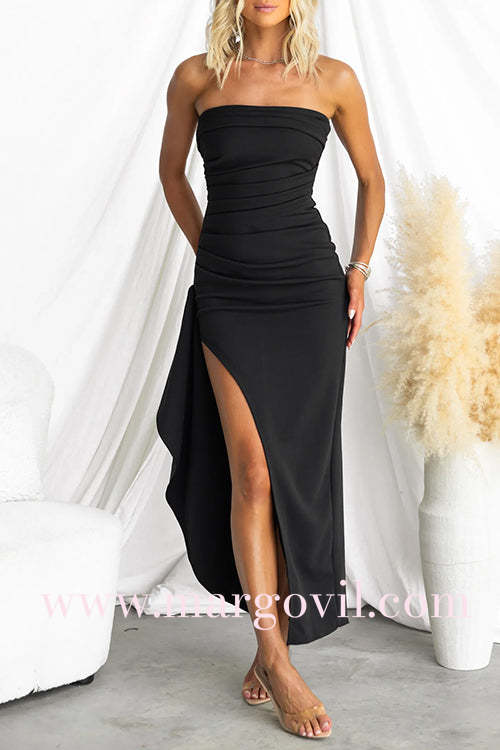 Margo Elegant Strapless Ruched Slit Maxi Dress