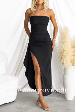 Margo Elegant Strapless Ruched Slit Maxi Dress