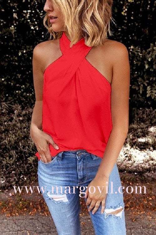 Criss Cross Halter Solid Sleeveless Top