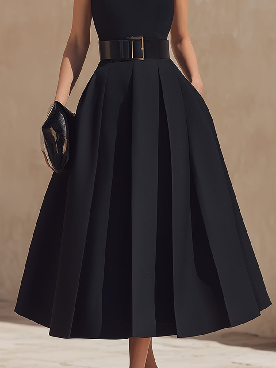 Belted High-Neck Pleated Maxi Dress