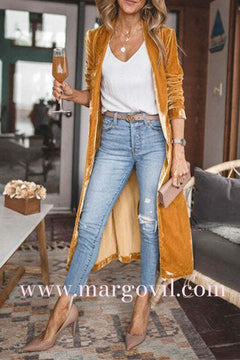 Stylish Open Front Long Sleeve Velvet Long Coat