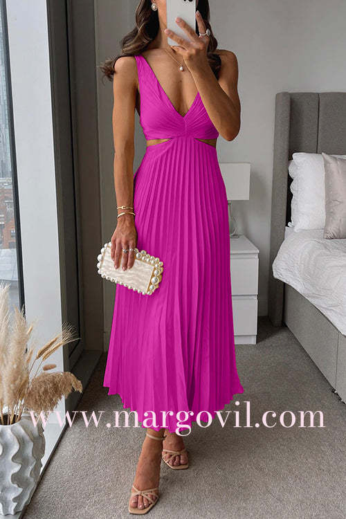7 Colors Chicest V Neck Cut Out Waist Sleeveless Pleated Maxi Dress