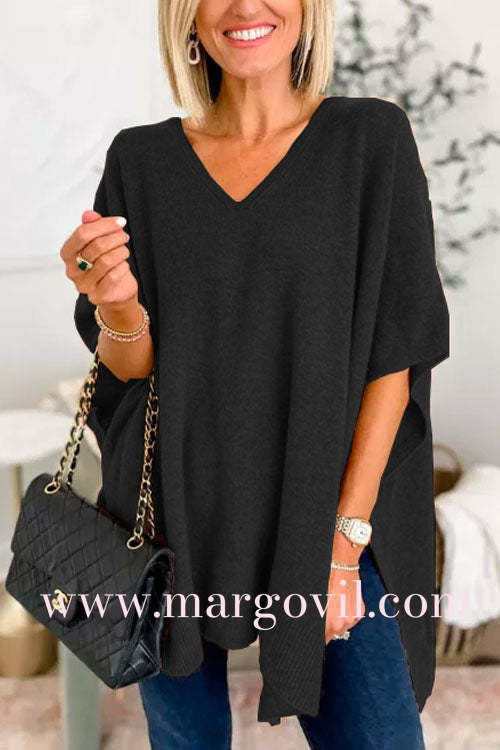 Chicest V Neck Loose Fit Solid Poncho Sweater