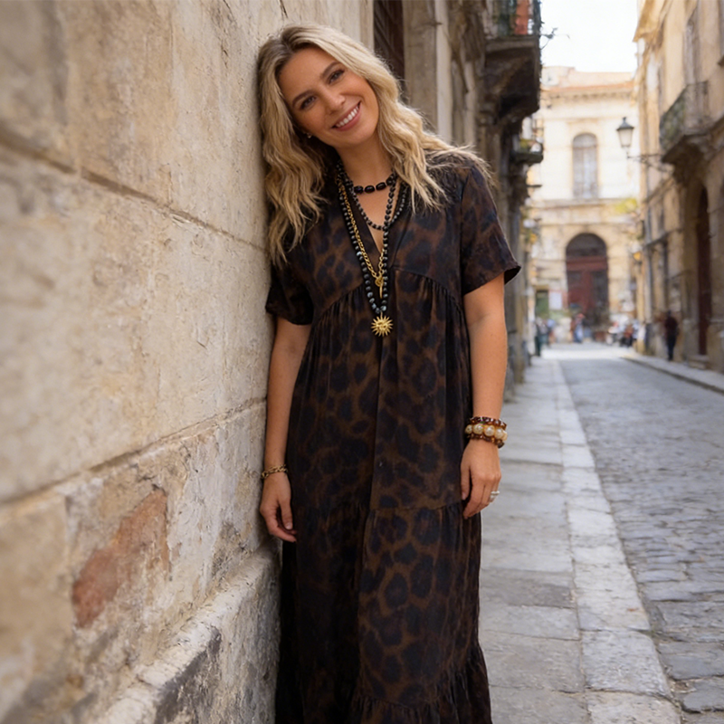 Women's V-Neck Leopard Print Maxi Dress