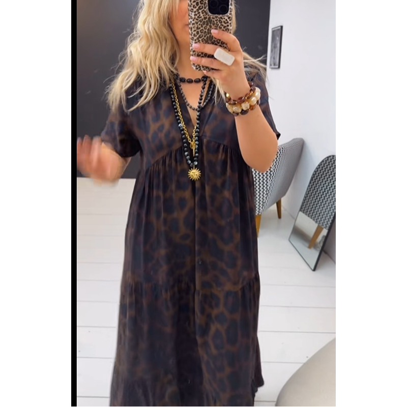 Women's V-Neck Leopard Print Maxi Dress